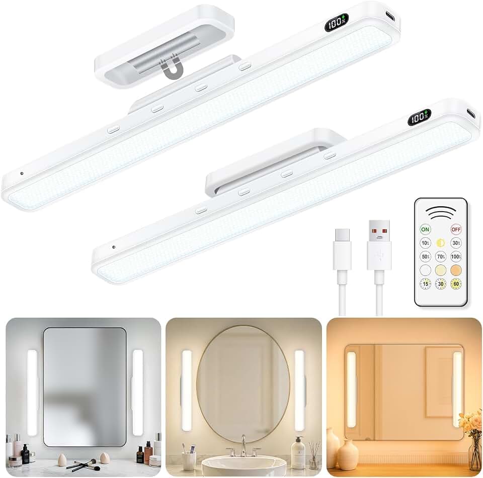 WILLED 5W Mirror Lights with Remote Control,Eye-Friendly Vanity Lights Stick on,Adjustable Color Temperatures Makeup Light with Battery Level Display,Rechargeable Light bar for Bathroom(2 Pack)