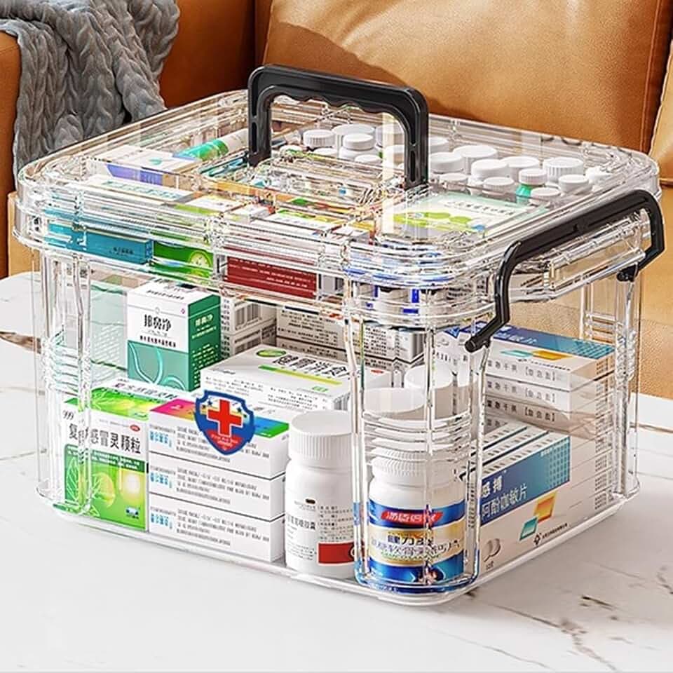 Medikamenten Aufbewahrung mit Deckel,Medizinbox Hausapotheke box mit Griff und herausnehmbarem Fach,Doppellagig Multifunción Aufbewahrungsbehälter Kapazität für Gadgets(Transparente-S)
