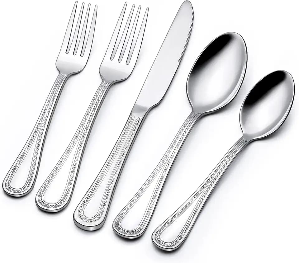 Terlulu 60-Piece Silverware Set for 12, Stainless Steel Flatware, Mirror Polished Cutlery Set, Utensils Include Spoons, Forks, Knives for Home, Restaurant, Beaded Handle, Dishwasher Safe