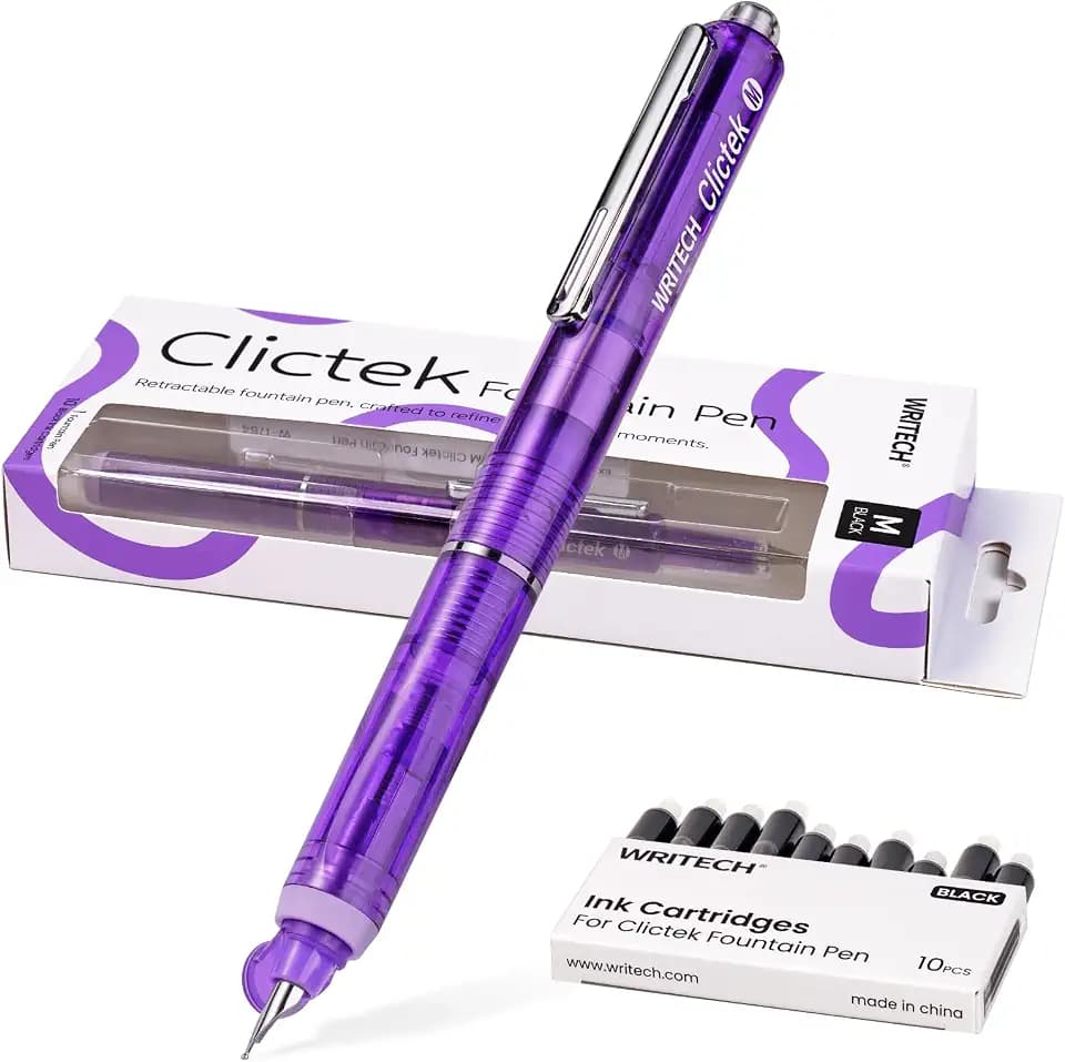 WRITECH Clictek Fountain Pen Retractable: Medium Nib Black Ink 10 Cartridge
