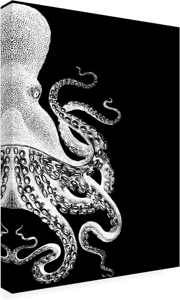 Wrapped Canvas Wall Art - Fab Funky 'Octopus Black And White B' Wall Art for Living Room, Bedroom, or Office Décor - 24x32