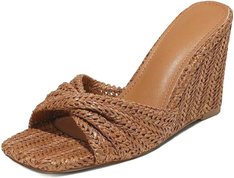 EQAUDES Wedge Sandals for Women Summer Raffia Braided Mules Beach Slides