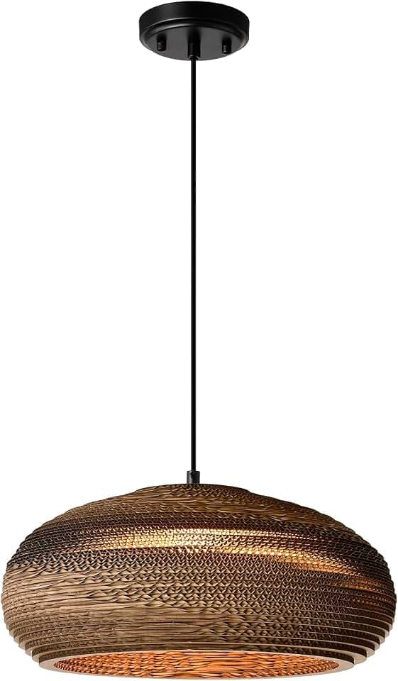 Edvivi Pendant Light with Nordic Style Dome Paper Shade, 1-Light 15.75 in. Dia Natural Brown Cardboard Chandelier, Adjustable Hanging Light Fixture for Dining Table, No Bulbs Included