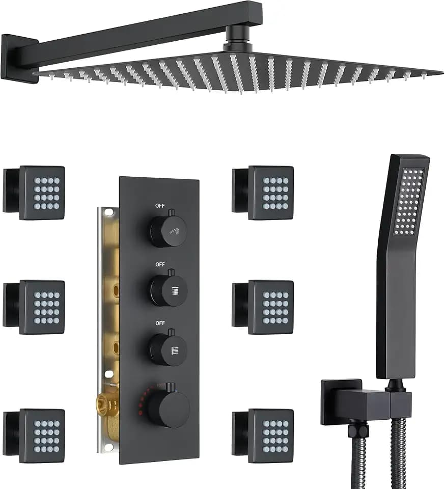 16” Thermostatic Rain Shower System with 6 Body Jets & 16-Inch Rainfall Shower Head, JetsBath Full Body Shower Faucet Sets with Valve & Handheld, Matte Black Luxury Wall Mount Shower Faucet Set