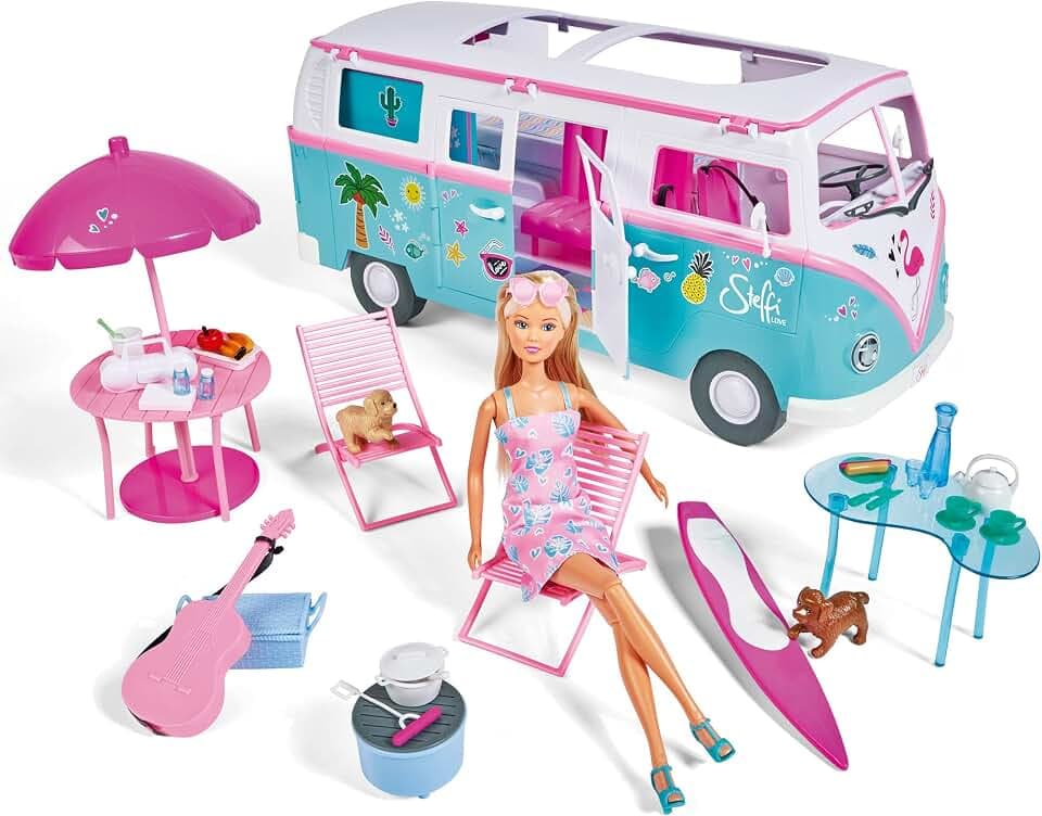 Simba Steffi Love Hawaii Camper / Puppe mit aufklappbarem Camper / inkl. Küche / Sitzecke / Bett / Tisch und viel Zubehör / L:51cm / 29cm / Für Kinder ab 3 Jahren geeignet, 105733523