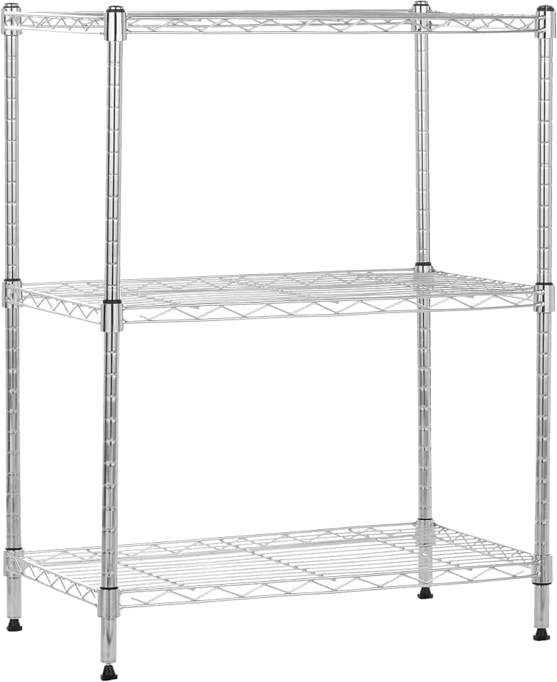 Amazon Basics Schmaler Aufbewahrungsschrank mit 3 Regalböden, höhenverstellbaren Einlegeböden und Nivellierfüßen, maximales Gewicht 340 kg, Chrom, 34 cm T x 58.9 cm B x 76.2 cm H