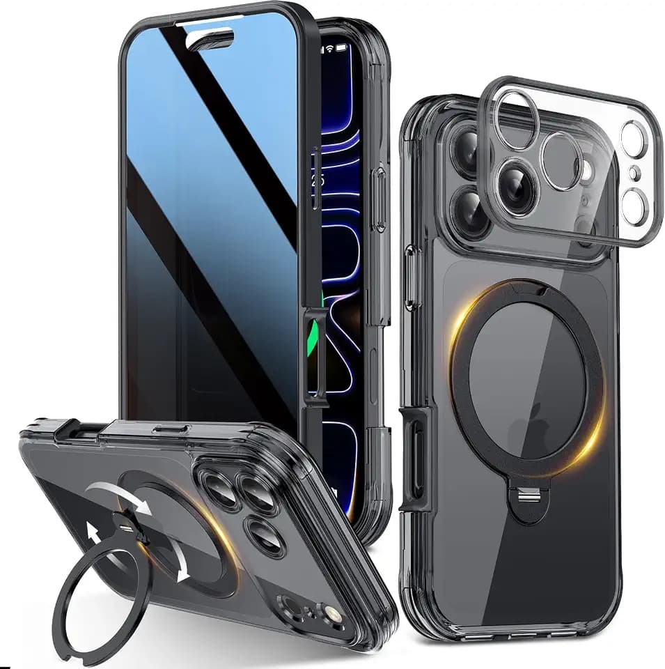 Privacy Case for iPhone 17 Pro Max with 360°Spin Magnetic Stand - Black