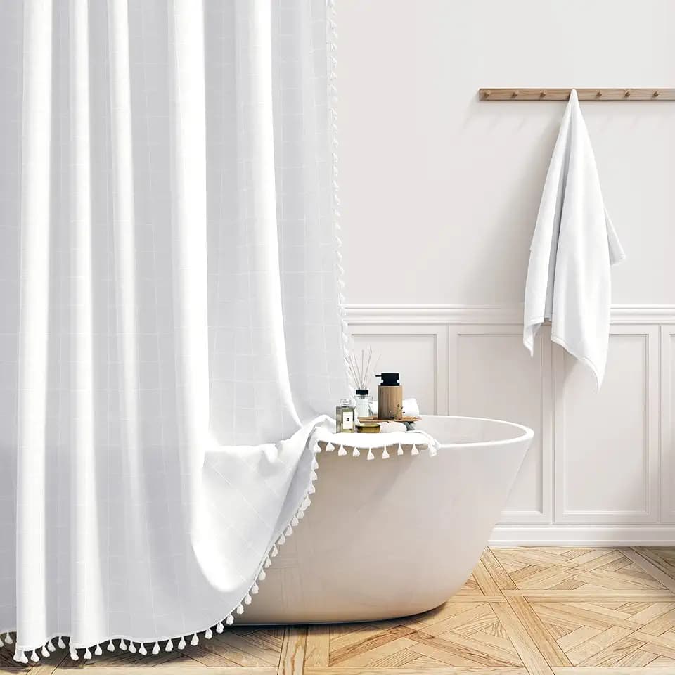 BTTN White Boho Farmhouse Linen Heavy Duty Fabric Shower Curtain Set, 72x72