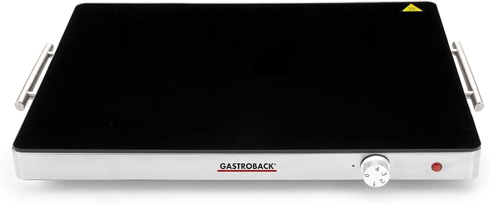 GASTROBACK Design Warmhalteplatte, großflächig & effizient für Speisen & Teller, satiniertes Thermo-Designglas, stufenlos regulierbar, ideal für Gastro & Buffet, Schwarz, Silber