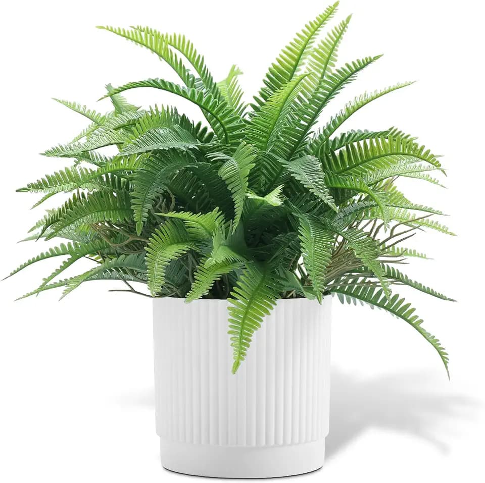 Coferset Realistic Small Fake Fern Plant with White Plastic Pot,Green