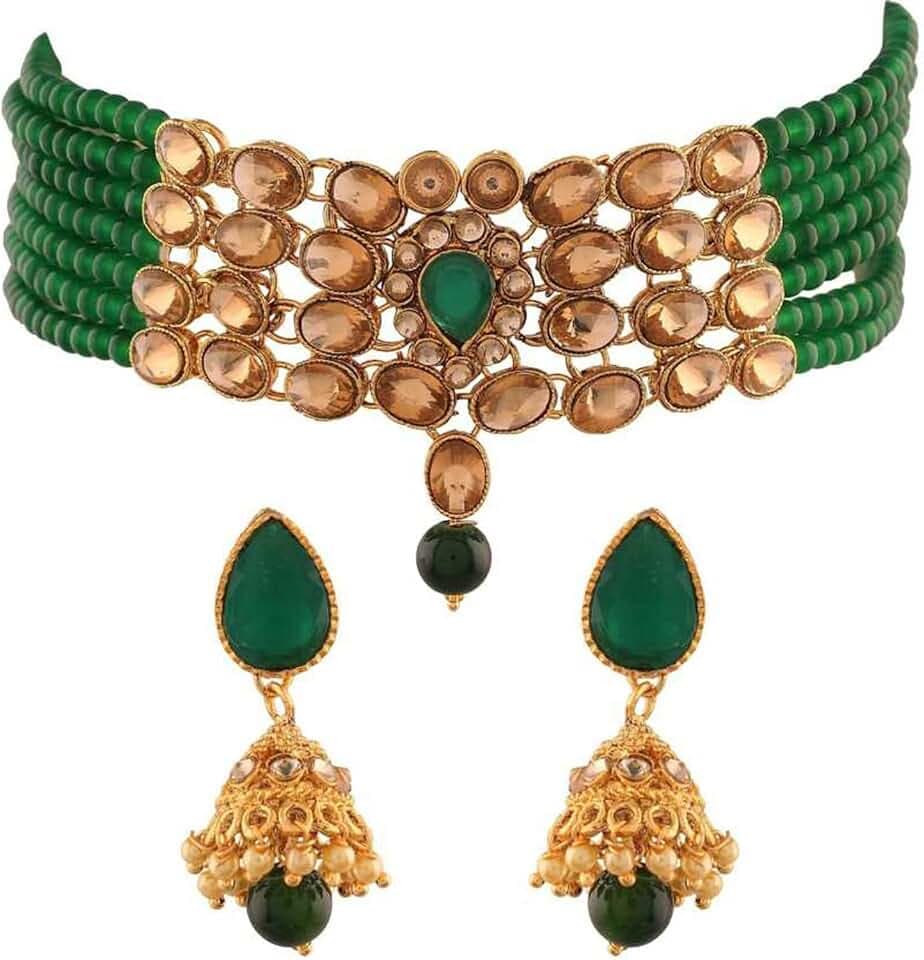 Aheli Indian Traditional Bollywood Brass and Pearl Choker Necklace with Earring Gift for Women Green