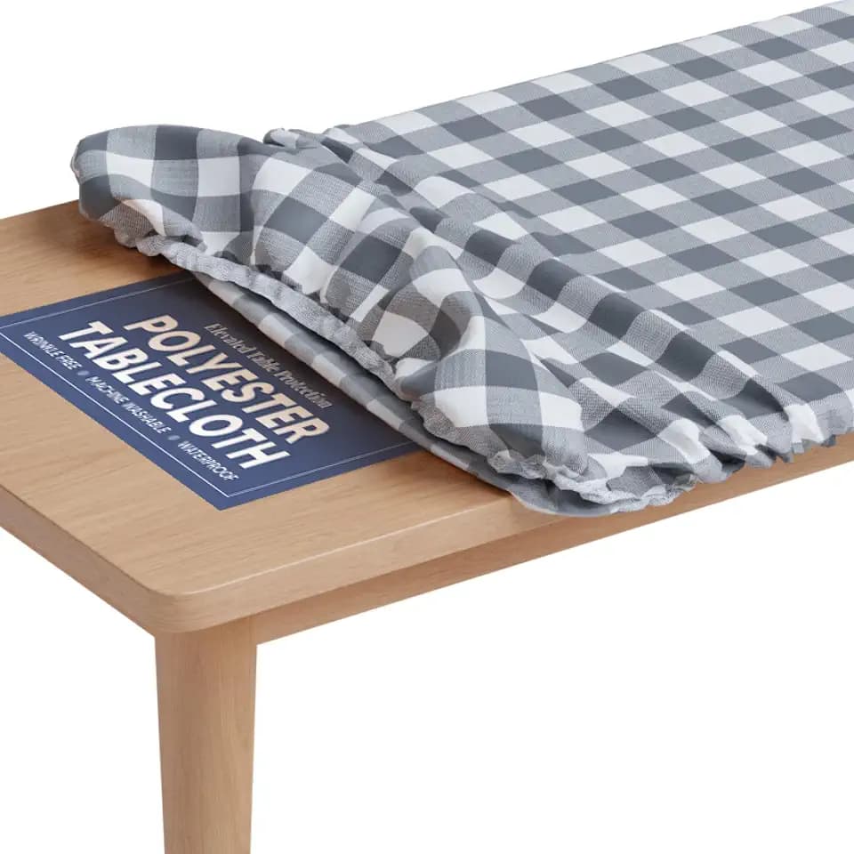 Sorfey Tablecloth of Polyester -Fitted with Elastic, Water Proof, Washable, Fits for Table 36 x 60 Inch, Checked Grey Design, for Indoor/Outdoor Kitchen and Picnic and More...