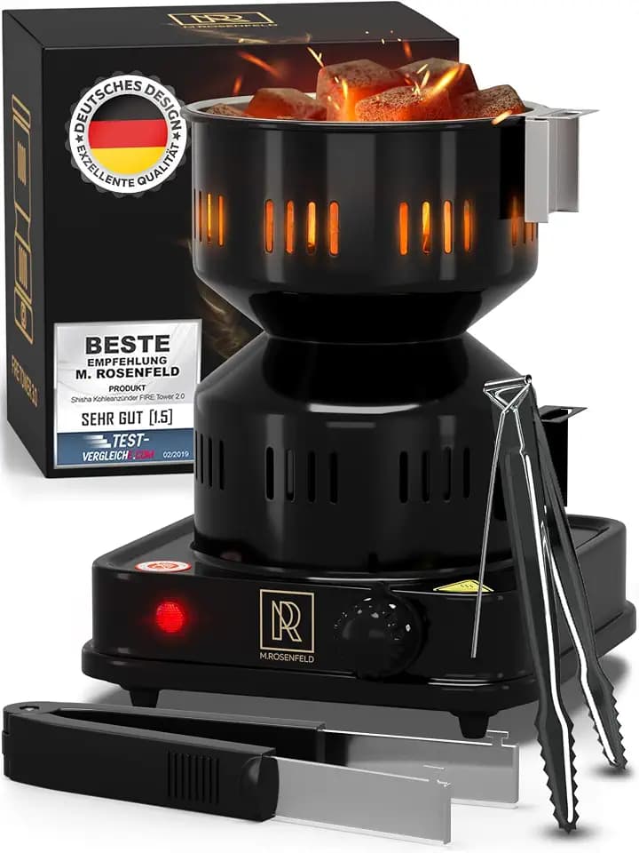 M. ROSENFELD Shisha Kohleanzünder Elektrischer – FIRE Tower 3.0 Kohlenanzünder mit extra langem 150cm Kabel, abnehmbarem Kohlekorb und 2 Zangen. 304er Stahl Spirale (Nachtschwarz)