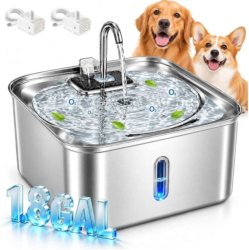 7L / 236oz Quiet Stainless Steel Dog Water Fountain, 2 Pumps & 4 Filters