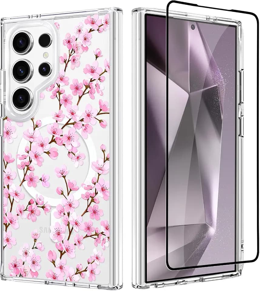 OOK Magnetic for Samsung Galaxy S24 Ultra Clear Case,Pink Cherry Flower