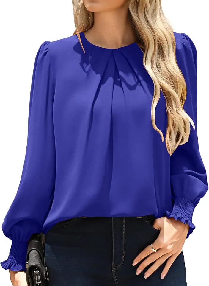 Women's Pleated Long Sleeve Blouse Dressy Casual Business Office Work Tops
