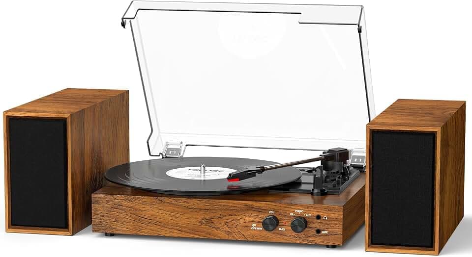 Vinyl Record Player with External Stereo Speakers, Vintage Bluetooth 3-Speed Turntable with Dual Stackable Speakers, PC Recording Vinyl to Digital, RCA-Out& AUX-in, Retro Wood
