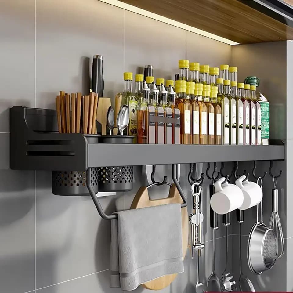 Gewürzregal Wand, Gewürz Organizer Ohne Bohren, Gewürzregale Hängend, Gewürzhalter Kleben, Küchenregal Wand Metall für Schranktür,Küche, Spice Rack, 50cm, Schwarz