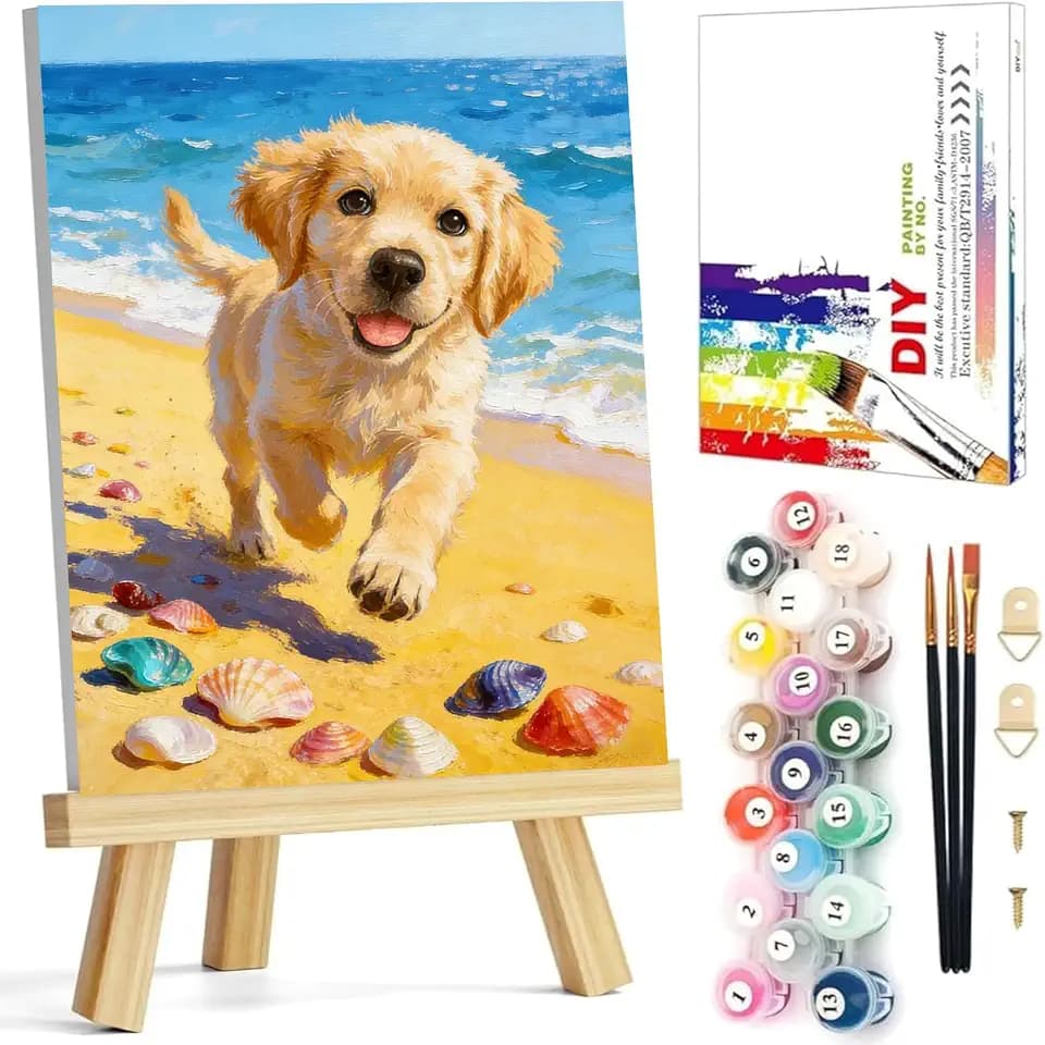 HITO Dog Paint by Numbers Kit for Kids 6-8-12 with Frame Easel 8x12 inch