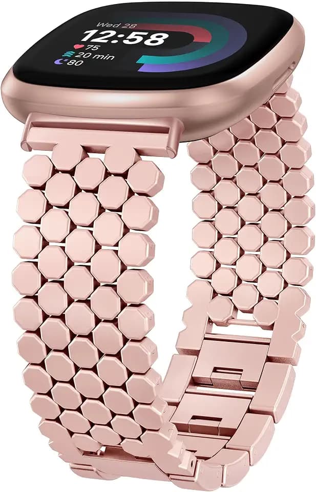 Minyee Metal Bands Compatible with Fitbit Sense 2/Versa 4/Versa 3/Sense Bands Women, Dressy Stainless Steel Chain Honeycomb Designer Luxury Chic Link Bracelet Wristband Replacement Strap for Versa 4