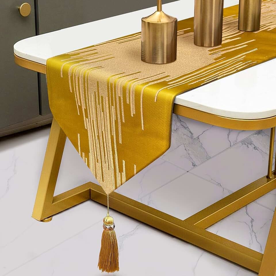 Luxury Gold Table Runner 72 Inches Long, Modern Abstract Geometry, Tassels