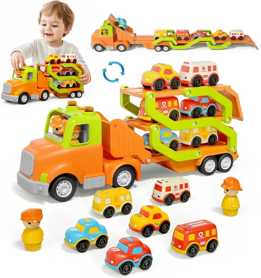 Veslier Toddler Toys for 2 3 4 5 Years Old Kids, Transport Car Carrier Truck Toy with 6 Vehicle, 30in Foldable Track Trailer with Light & Sound Effects, Birthday Gift for 18 Months to 5 Years Old Boys