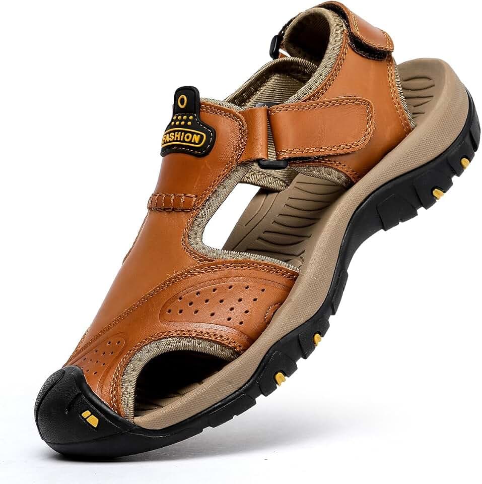 Sandals for Men Leather Hiking Sandals Athletic Walking Sports Fisherman Beach Shoes Closed Toe Water Sandals