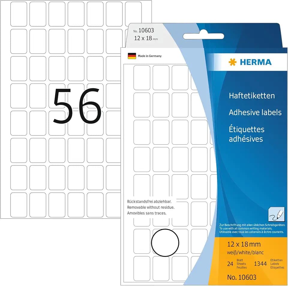 HERMA 10603 Vielzweck-Etiketten ablösbar, 1344 Stück, 12 x 18 mm, 56 pro Bogen, selbstklebend, Haushaltsetiketten zum Beschriften, matt, blanko Papier Klebeetiketten Aufkleber, weiß