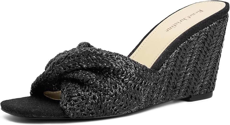 Women's Wedges Heeled Slippers Fabric Heels Slip on Comfy Evening Dress Woven Sandals Square Toe Shoes for Women 3.3" Heels