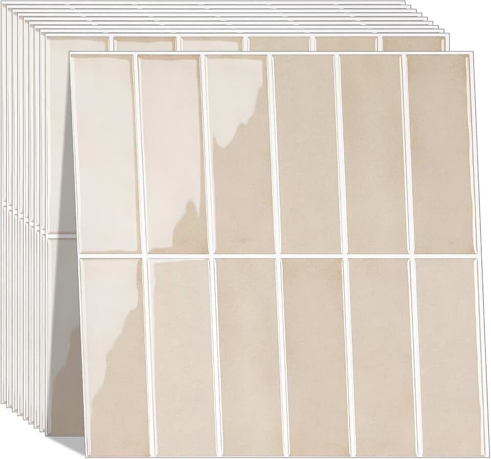 Peel and Stick Tile，New Upgrade Thicker Design Self Adhesive 12" x 12" Large Premium Peel and Stick Backsplash for Kitchen (Beige).