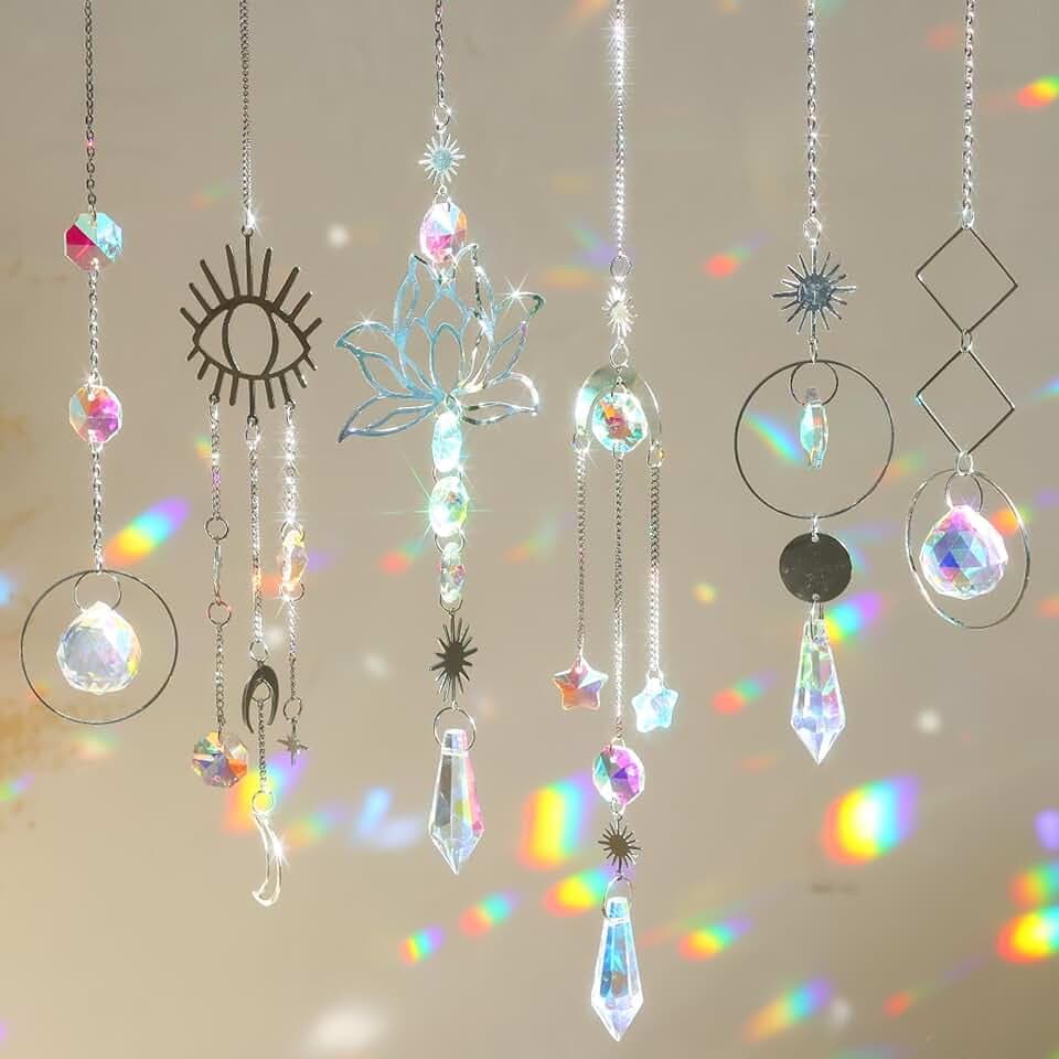 Sonnenfänger Kristall Windspiel,6 Stück Kristall Anhänger Deko,Gold Mond Stern Regenbogen Kristalle Anhänger,Regenbogen Sonnenfänger Kristal,Fensterdeko ​Hängend für Zuhause Büro Garten Outdoor Deko