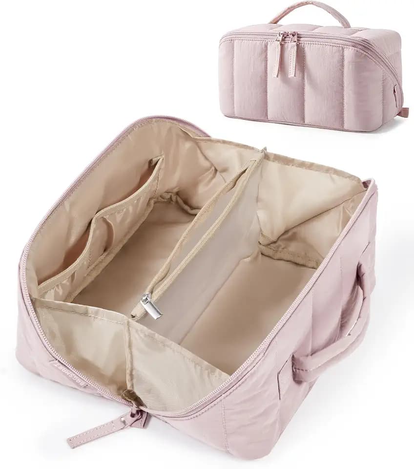 BAGSMART Puffy Travel Makeup Bag Toiletry Bag for Women, Pink