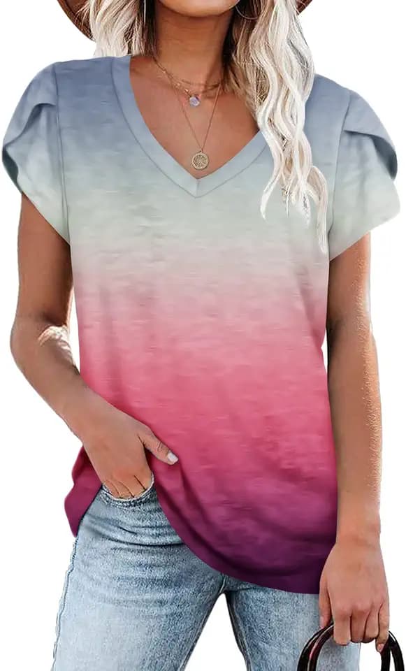 PLOKNRD Sommer Damen T-Shirt V-Ausschnitt Blütenblatt Kurzarm Strand Tops