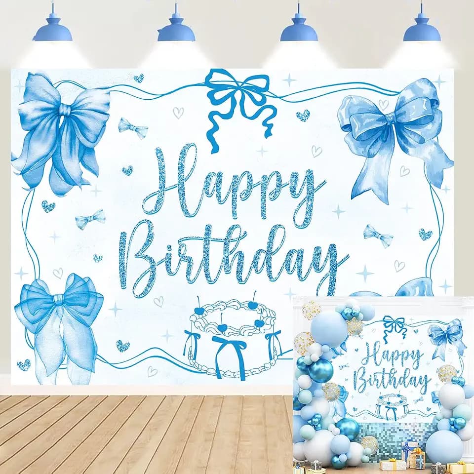 Bow Happy Birthday Backdrop Blue Bowknot Birthday Glitter Photo Background
