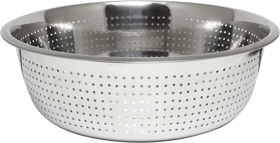 Thunder Group SLCIL15S Chinese Colander, 15" Dia., Round, Perforated, 2 mm Holes, Rimmed, Stainless Steel. Mirror Finish