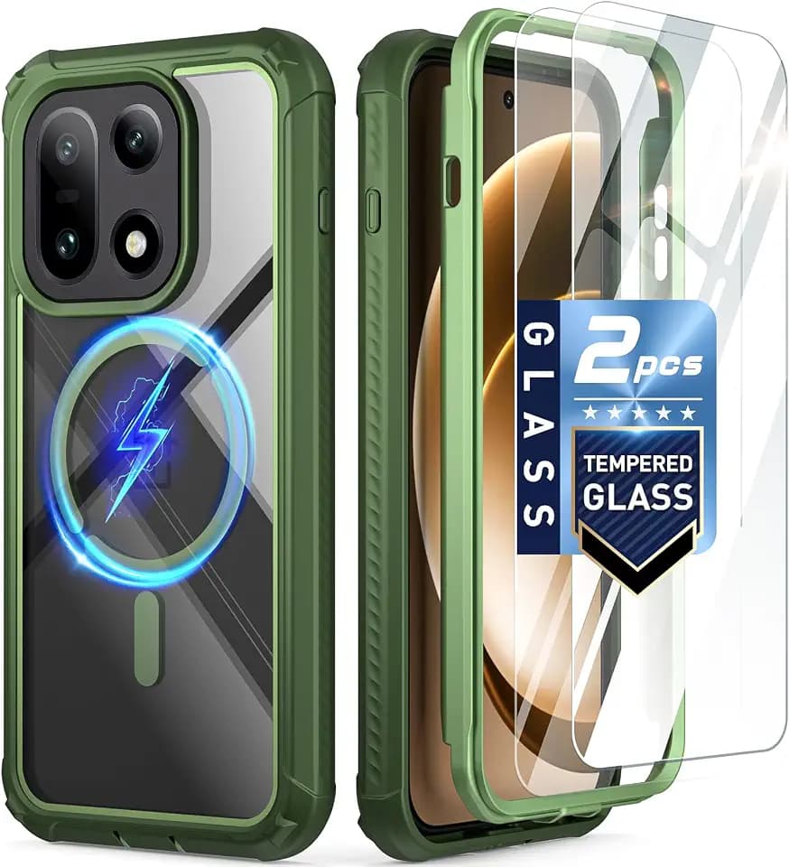Poetic Guardian Case for OnePlus 15 5G, | Magsafe Compatible |2 Tempered Glass Screen Protector | Work with Fingerprint ID |, Full Body Shockproof Rugged Clear Cover Case, Green/Clear
