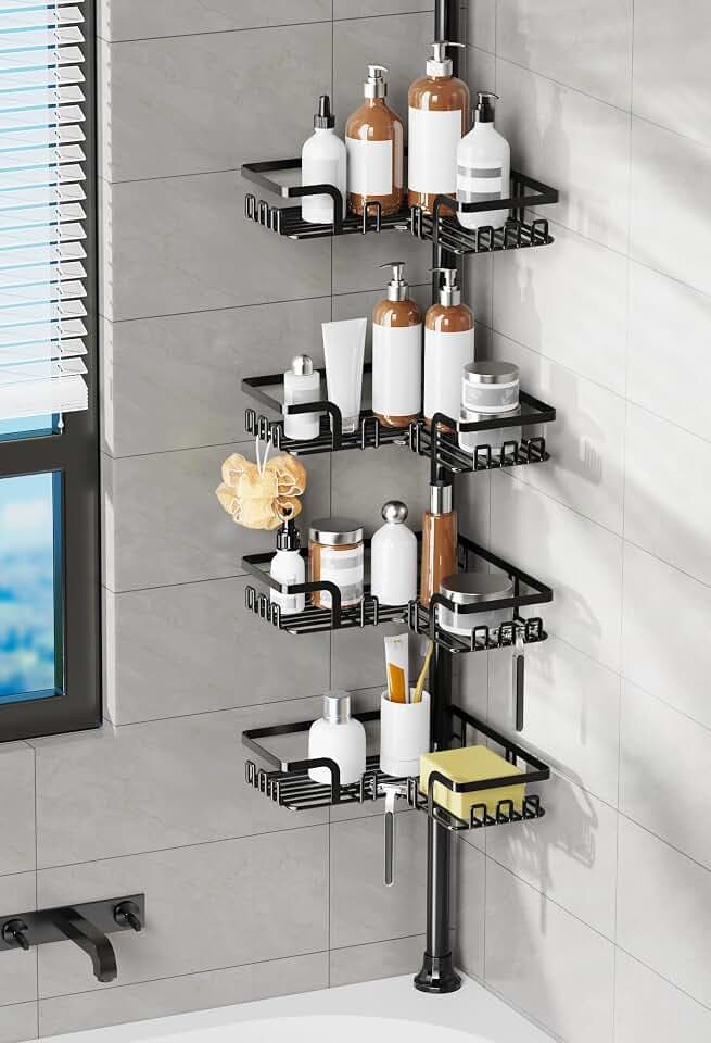 Kegii Duschregal, Teleskopstange – Duschregal, Eckregal, Badezimmer, Duschregal, ohne Bohren, Halterung für Seife, Haken, Dusche (Schwarz, Edelstahl)