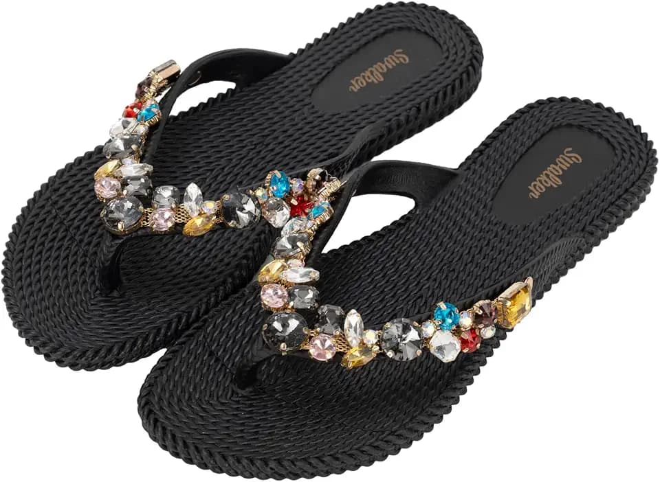 Swalker Woman's Sandal Flip Flop With Rhinestone in Recyclable Rubber Sole, Crystal Thong