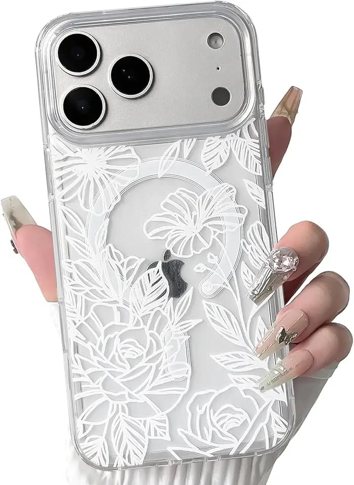 NITITOP for iPhone 17 Pro Max Case Magnetic Cute Line Flower - White