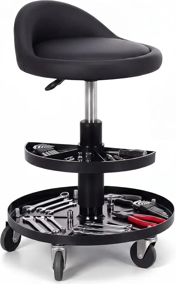Sintuff Rolling Mechanic Stool, 16-21.6 in Adjustable Height Garage Stool with 2 Tier Tool Tray, 300 Lbs Capacity Padded Shop Seat with 360° Wheels, Black PU Leather Chair for Auto Repair and Workshop