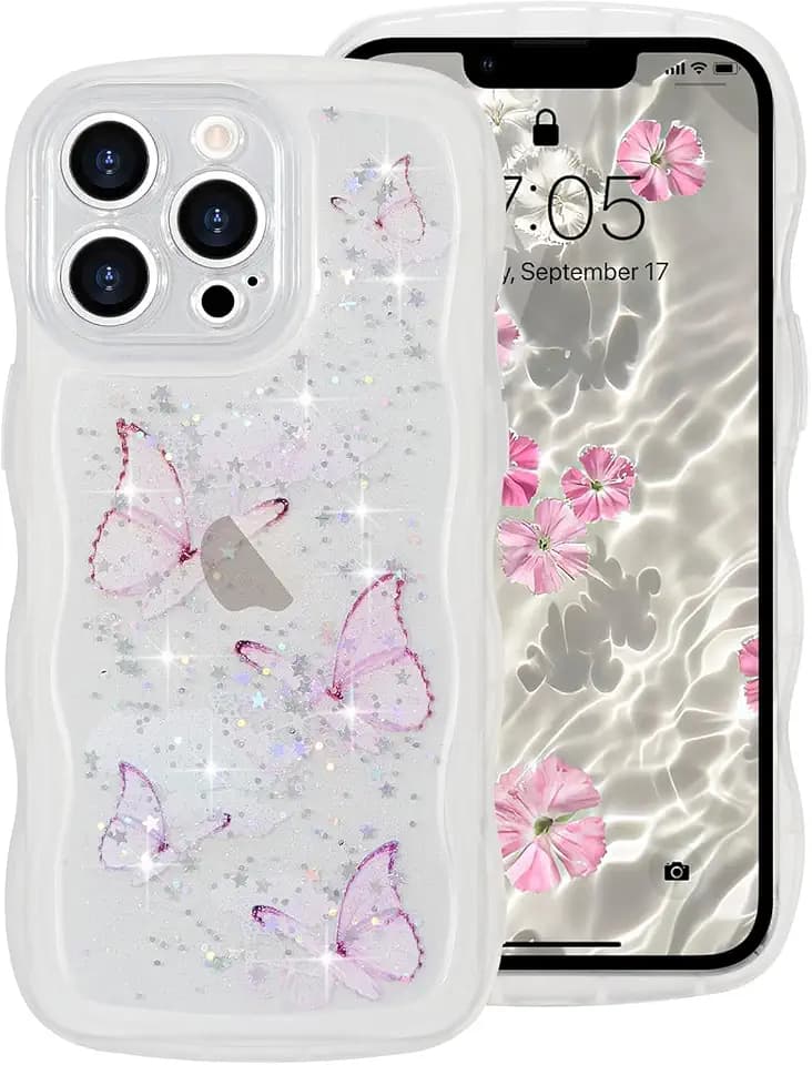 Glitzer Hülle für iPhone 13 Pro, Durchsichtig Bling Glitter Schmetterling Stoßfeste Stoßstange Handyhülle für Frauen und Mädchen, Niedliche Glitzernde Schutzhülle für iPhone 13 Pro, Klar