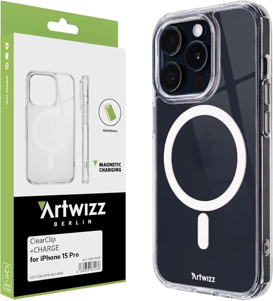 Artwizz ClearClip +Charge kompatibel mit iPhone 15 Pro - Kratzresistente Hülle mit Verstärkten Ecken - Kompatibel mit MagSafe Qi - Transparent