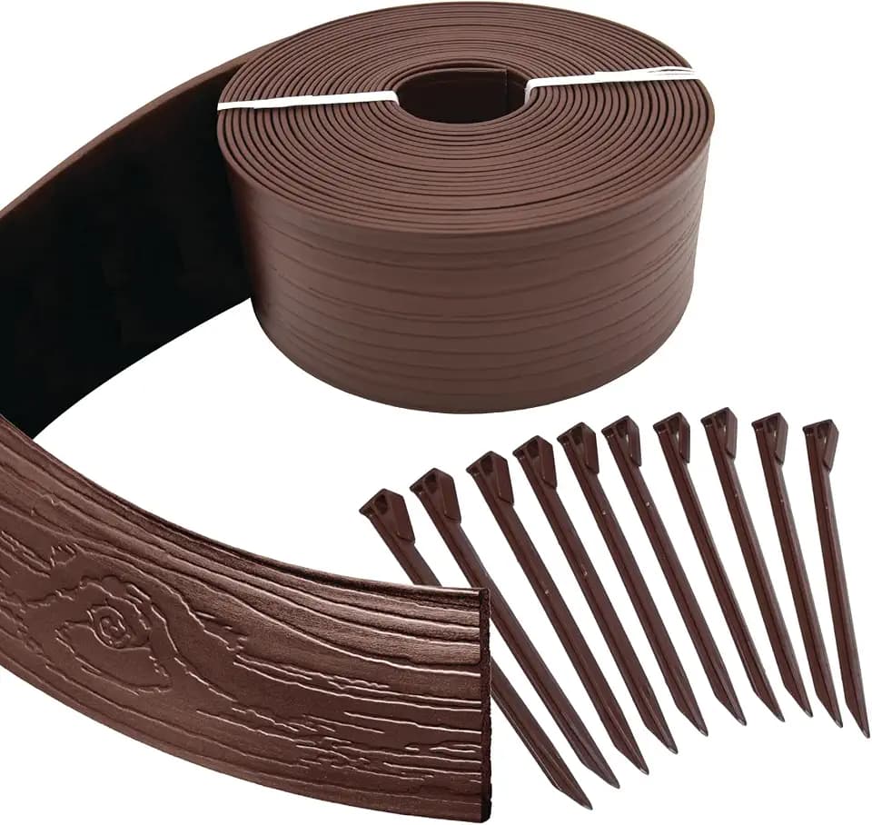 MASTER MARK Terrace Board, Landscape Coiled Edging, Grass Barrier, Bender Board, Flower Bed, Vegetable Garden Borders 5 in. x 40 ft. with 10 Stakes (Brown)