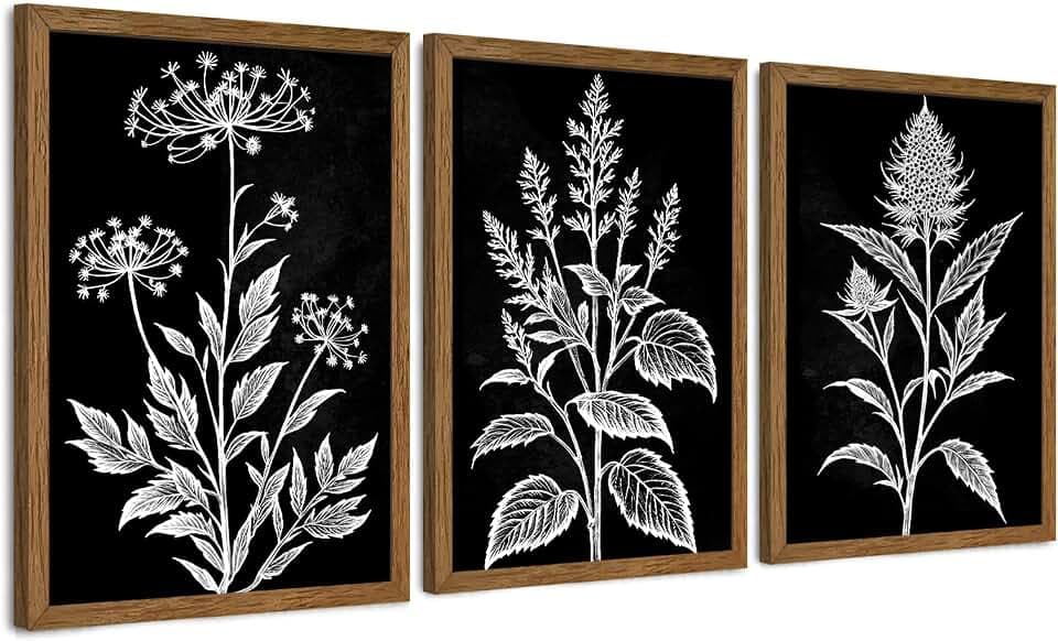 AVECCO 3 Pieces Black White Botanical Wall Art Canvas Framed 12x16 Inch