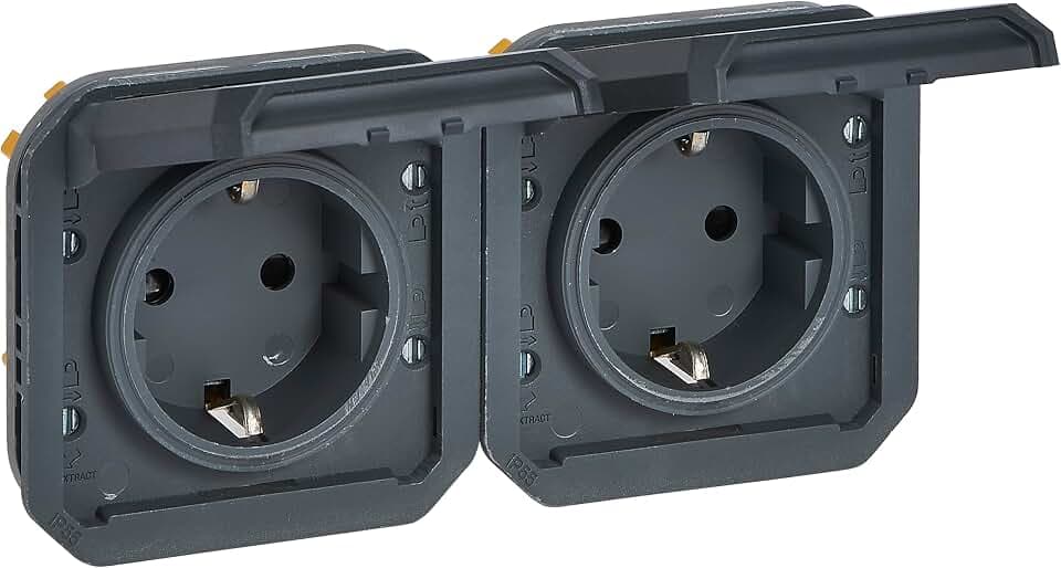 LEGRAND, Plexo New Abdeckung, Feuchtraum-Steckdose, 2-fach, Schuko-Stand., inkl. Klappdeckel, Berührungsschutz, vorverdrahtet, horizontal, IP44-IK08 (IP55 bei geschlossenem Deckel), Anthrazit, 069879L