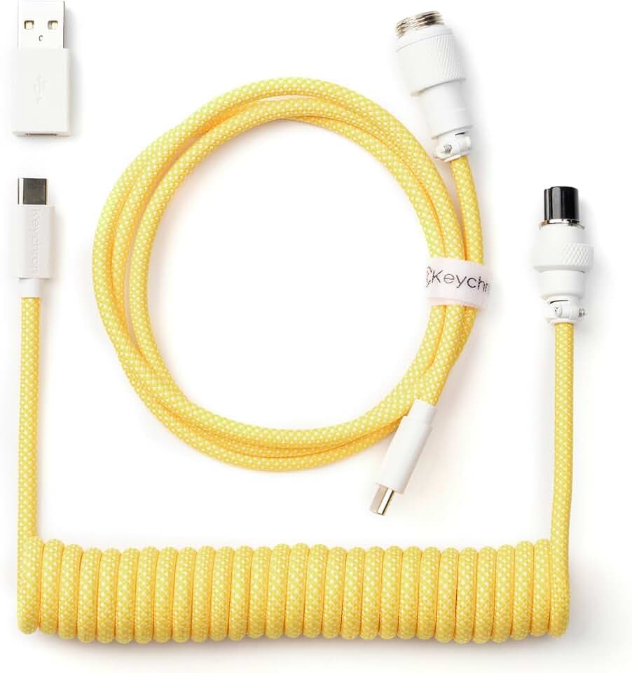 Keychron 8KHz Coiled USB-C Kabel für Mechanische Tastaturen, GX12 5-Pin Abnehmbarer Aviator Stecker, USB-A Adapter, 176cm Geflochtenes Kabel, Laden & Datenübertragung, Gelb
