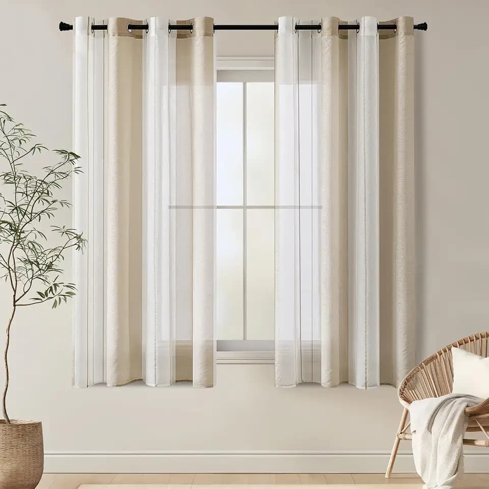 EMEMA 2er Set Kurz Vorhänge mit Ösen Beige-Weiss Streifen 140*160cm Gardine