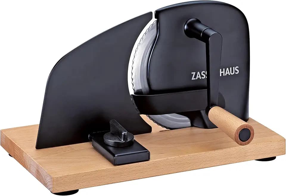 Zassenhaus Brotschneidemaschine PURE schwarz, manuelle Kurbelmaschine mit Edelstahlmesser, Spezial-Wellenschliff Made in Solingen, stufenlose Schnittstärkeneinstellung bis 20 mm