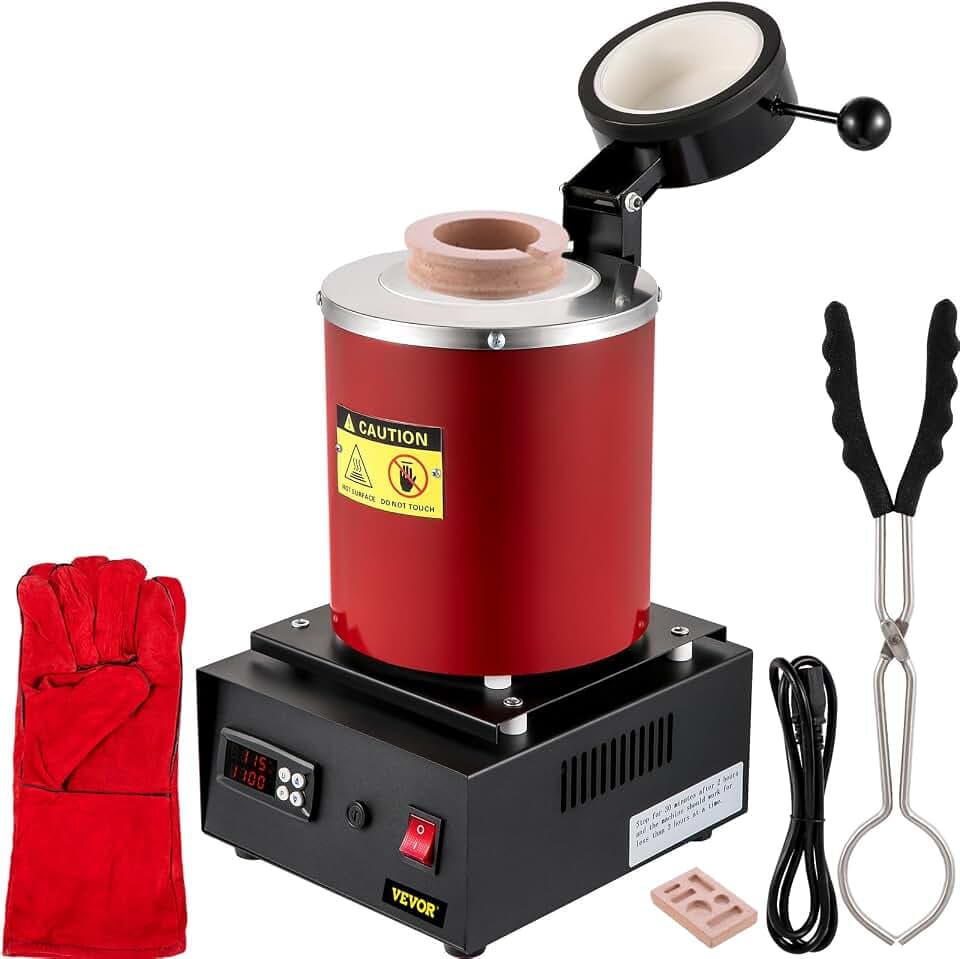 VEVOR Goldschmelzofen 1350 W 1150 ℃ Max. Temperatur, digitaler elektrischer Schmelzofen 3 kg Keramiktiegel mit Barrenmatrize & Handschuhen, zur Verarbeitung von Gold Silber Kupfer Aluminium rot