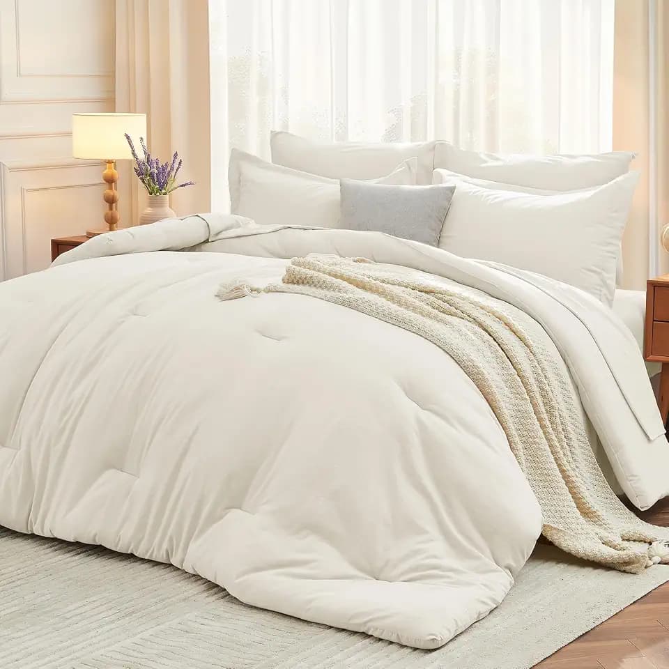 MUXHOMO California King Comforter Set 7 Pieces, Soft Bed in a Bag, Ivory